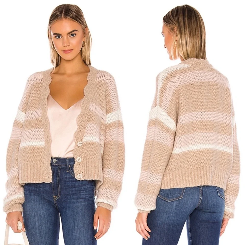 Free People Fine Time Latte Striped Oversized Wool Alpaca Cardigan S